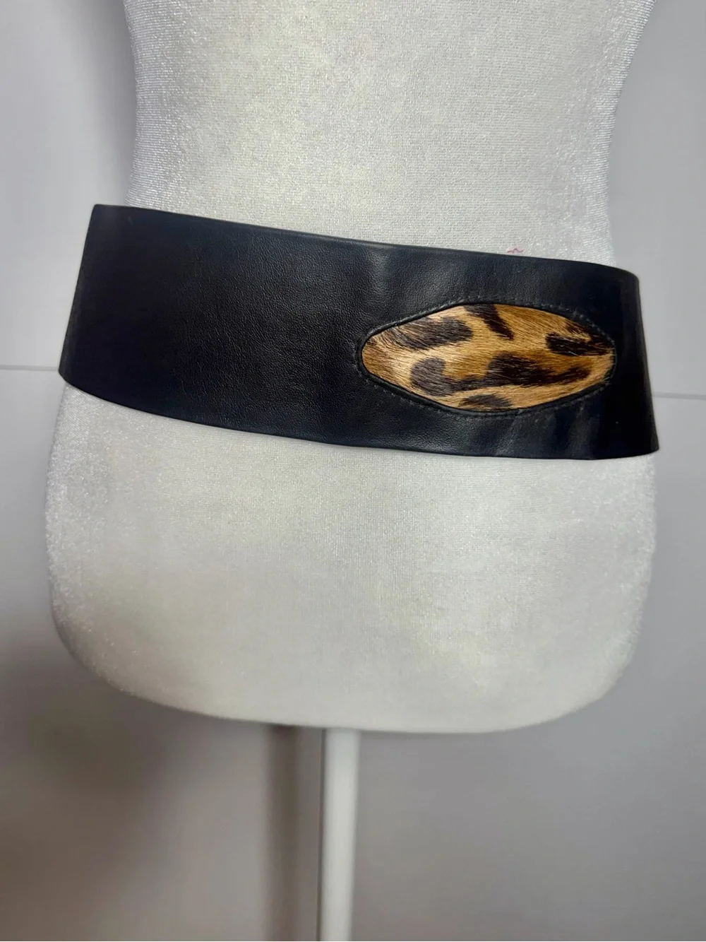 Vintage 80’s Black Leather Leopard Cheetah Fur Claw Buckle Statement Belt